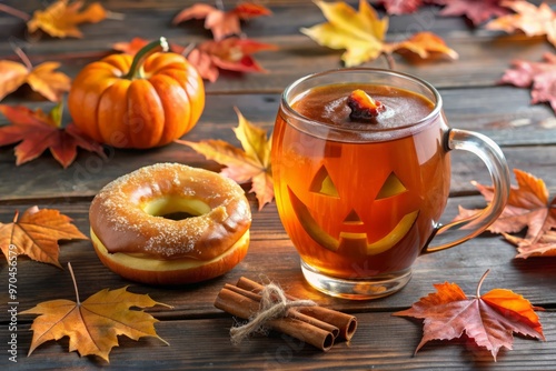 a jack-o-lantern-adorned mug filled with a spicy, sweet brew, surrounded by a doughnut-shaped ice cube and orange leaves.