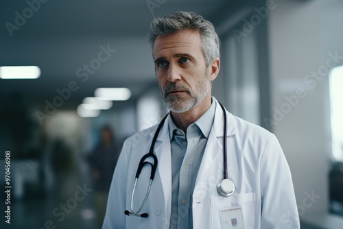 A gray-haired doctor with a stethoscope around his neck appears contemplative as he stands in a brightly-lit hospital, reflecting a commitment to healthcare.