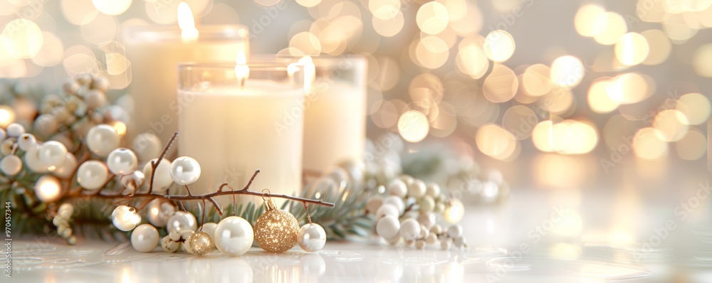 A serene arrangement of candles surrounded by festive decor, creating a cozy and warm atmosphere perfect for the holiday season. A serene arrangement of candles surrounded by festive decor, creating a cozy and warm atmosphere perfect for the holiday season.