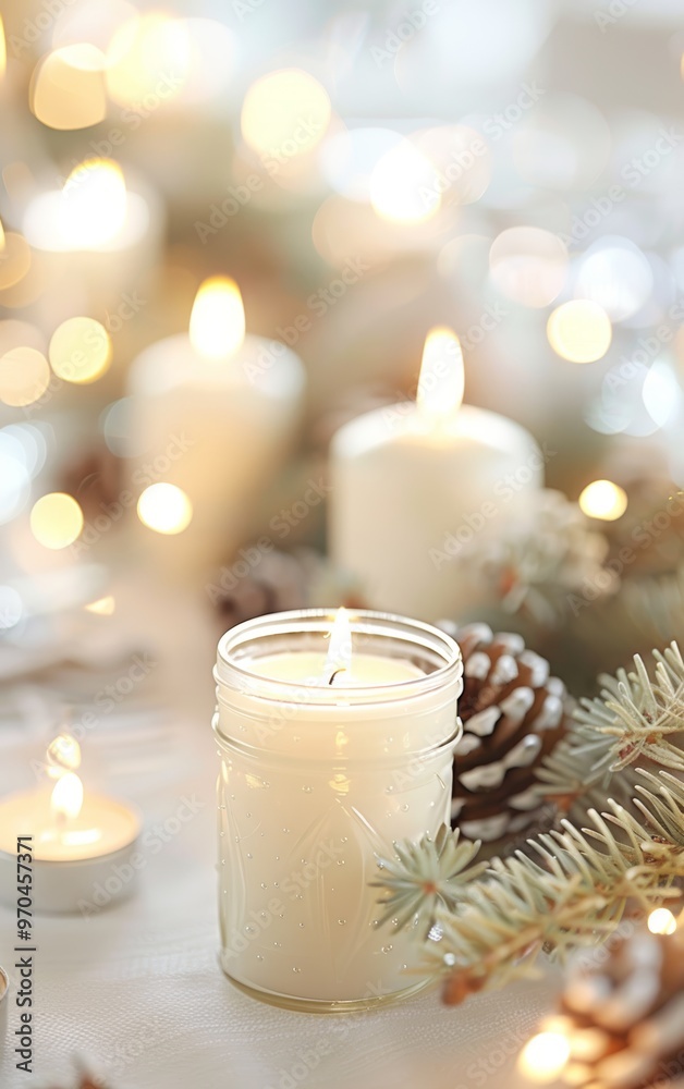 A serene arrangement of candles surrounded by holiday decor, creating a warm and inviting atmosphere. A serene arrangement of candles surrounded by holiday decor, creating a warm and inviting atmosphere.