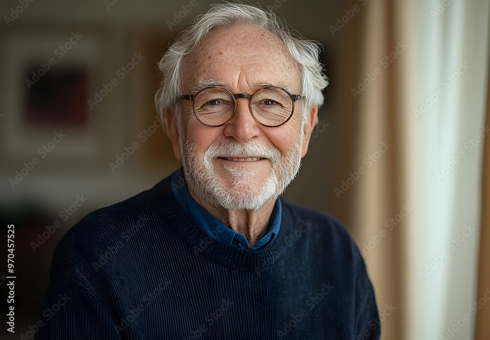 A heartwarming portrait of an elderly man with white hair and a beard, wearing glasses and a navy sweater. He smiles warmly at the camera, set against a soft, blurred indoor background, creating a com A heartwarming portrait of an elderly man with white hair and a beard, wearing glasses and a navy sweater. He smiles warmly at the camera, set against a soft, blurred indoor background, creating a com