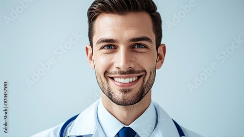 A cheerful male doctor with a stethoscope, wearing a white coat and blue shirt, with a white background. photo