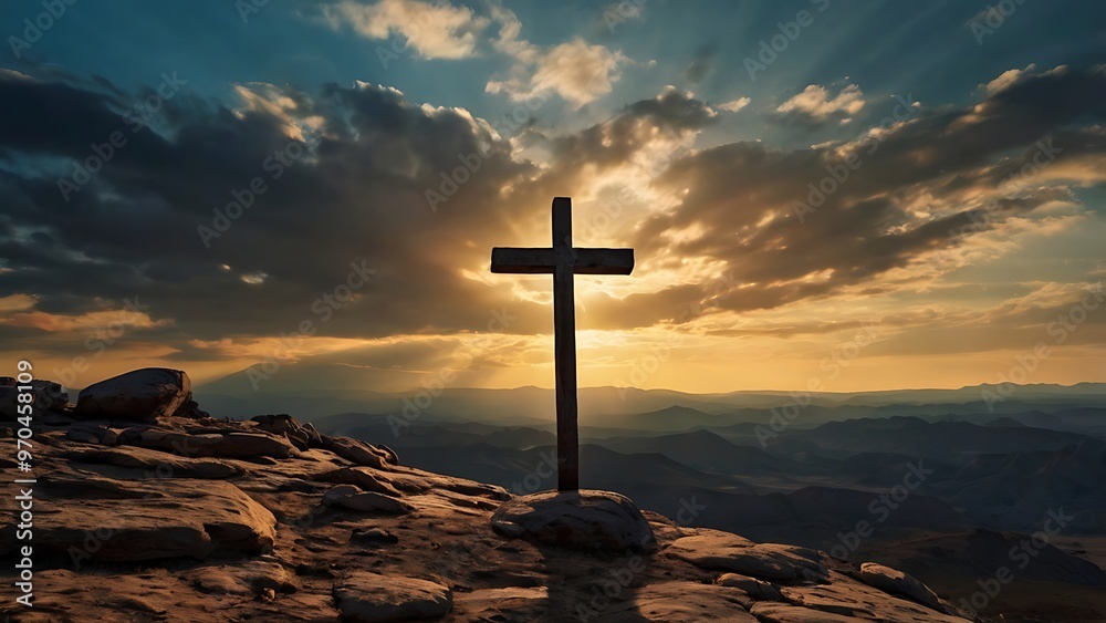 Wooden cross on top of a mountain, faith and christianity concept Wooden cross on top of a mountain, faith and christianity concept