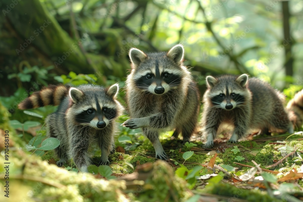 A trio of curious raccoons stands together in a lush forest, their expressive eyes and bushy tails highlighted by sunlight filtering through the trees. A trio of curious raccoons stands together in a lush forest, their expressive eyes and bushy tails highlighted by sunlight filtering through the trees.