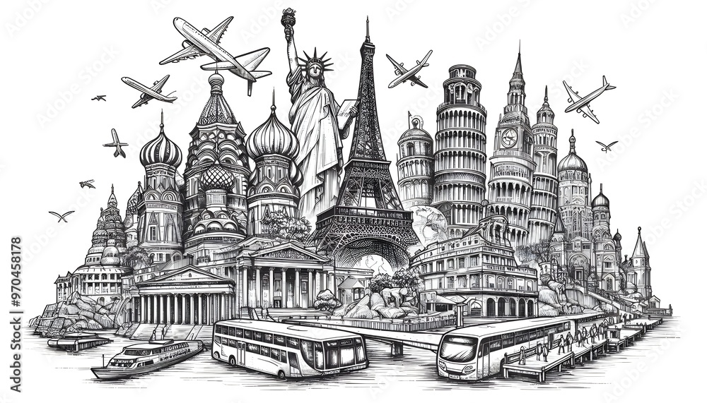 Naklejka premium Line drawing of famous world landmarks on a white background, depicted in a hand-drawn sketch style, representing travel concepts