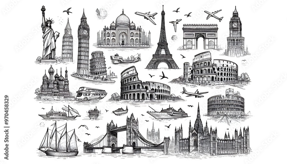Line drawing of famous world landmarks on a white background, depicted in a hand-drawn sketch style, representing travel concepts Line drawing of famous world landmarks on a white background, depicted in a hand-drawn sketch style, representing travel concepts