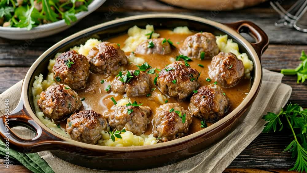 Savory meatballs in rich gravy served over creamy mashed potatoes for a comforting dinner Savory meatballs in rich gravy served over creamy mashed potatoes for a comforting dinner