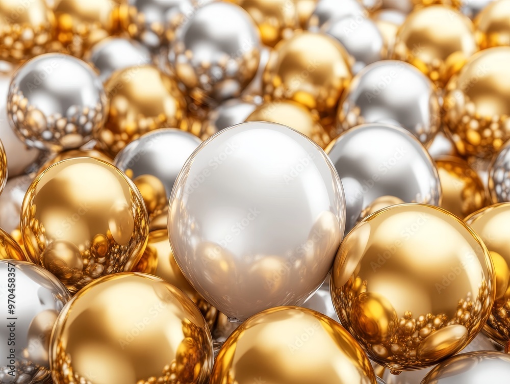 Close up of a white shiny sphere surrounded by gold and silver spheres. Close up of a white shiny sphere surrounded by gold and silver spheres.
