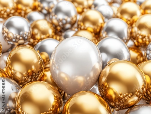 Close up of a white shiny sphere surrounded by gold and silver spheres.