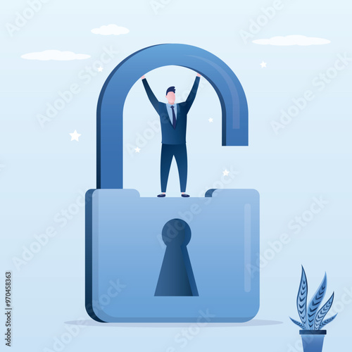 Unlock, solve business problem. Liberation or difficulties overcoming. Ambitious strong businessman break padlock without key. Powerful businessman reach independence