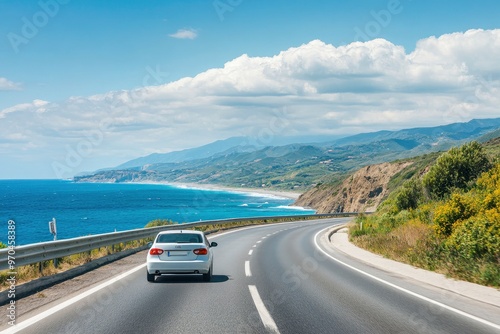 White car driving on the coastal road. road landscape in summer. it's nice to drive on beach side highway. Highway view on the coast on the way to summer vacation. Spain trip on beautiful travel , ai