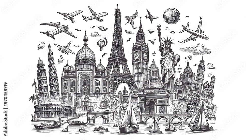 Fototapeta premium Line drawing of famous world landmarks on a white background, depicted in a hand-drawn sketch style, representing travel concepts