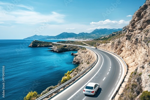 White car driving on the coastal road. road landscape in summer. it's nice to drive on beach side highway. Highway view on the coast on the way to summer vacation. Spain trip on beautiful travel , ai