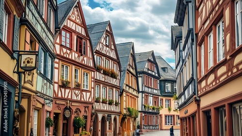 A Row of Colorful Half-Timbered Houses in a European Town