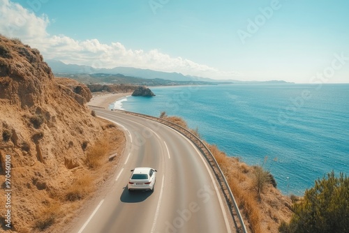 White car driving on the coastal road. road landscape in summer. it's nice to drive on beach side highway. Highway view on the coast on the way to summer vacation. Spain trip on beautiful travel , ai