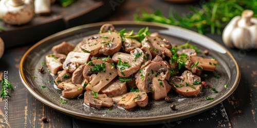 Boiled beef tongue with mushrooms and herbs