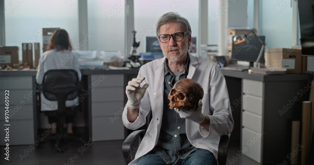 Mature scientist speaks to camera, shows fossil skull of ancient human during interview for popular science film in archaeological scientific lab. Female colleague works in the background. Static Shot Mature scientist speaks to camera, shows fossil skull of ancient human during interview for popular science film in archaeological scientific lab. Female colleague works in the background. Static Shot