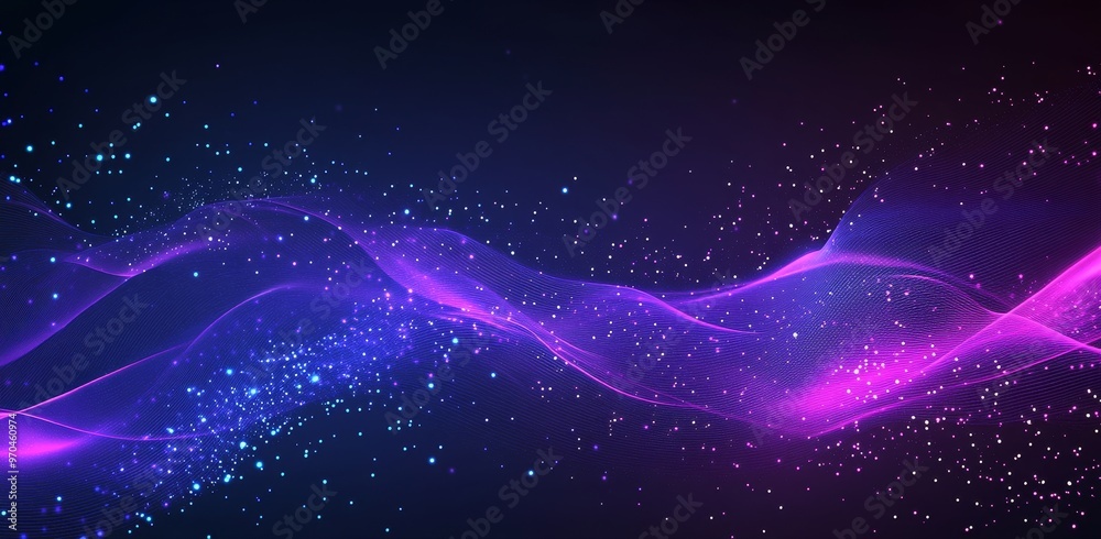 Abstract purple and blue wavy background with glowing particles. Abstract purple and blue wavy background with glowing particles.