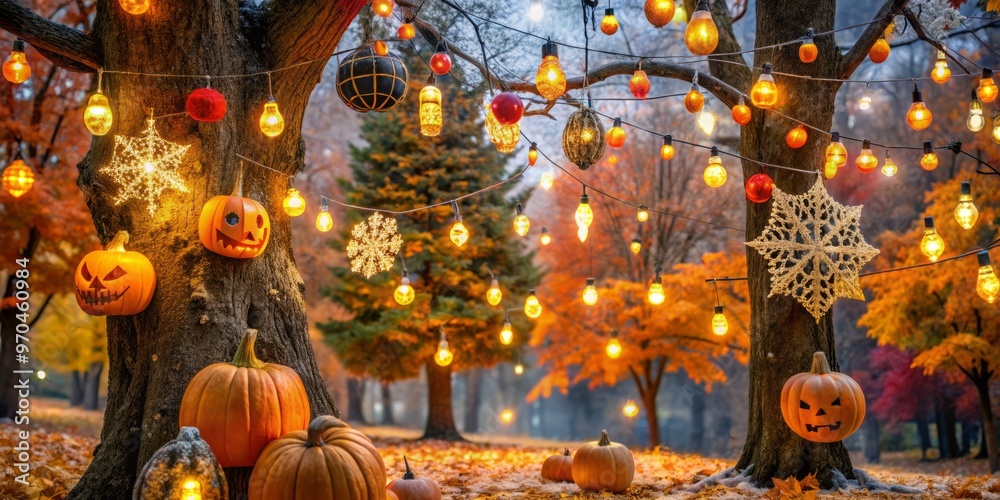 Φωτογραφία "Warm and eerie glow of string lights adorns autumn trees, entwined with cobwebs, skulls and pumpkins, transitioning seamlessly to colorful snowflakes and festive ornaments