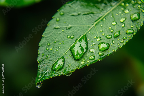 Macro shot of a raindrop hanging from a leaf tip photo