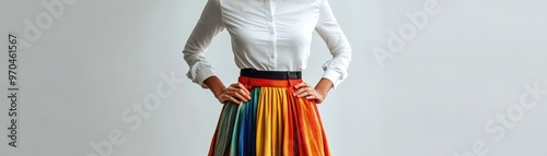 Businesswoman in a colorful skirt, crisp shirt, standing confidently, white background, hands discreetly hidden