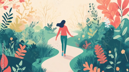 Woman walks along a path through a colorful forest with a whimsical artistic style.