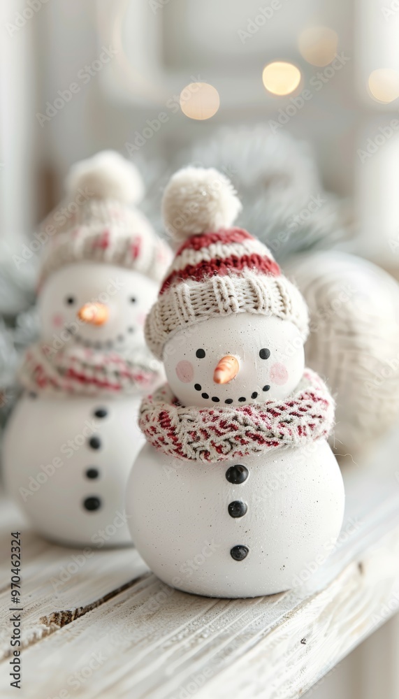 Charming snowman figurines adorned with knitted hats and scarves, perfect for festive winter decorations and holiday cheer. Charming snowman figurines adorned with knitted hats and scarves, perfect for festive winter decorations and holiday cheer.