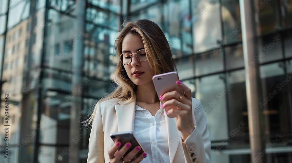 Fototapeta premium Businesswoman Reading an Email on Her Smartphone, Business Theme, Portrait Shot, Copy Space, Email, Smartphone