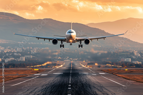 Passenger airplane taking off from a runway photo