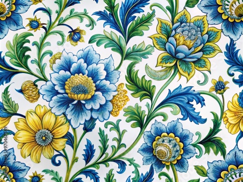 Vibrant blue and yellow flowers with green stems and intricate scrollwork on a white background, a traditional Jacobean pattern fabric design.