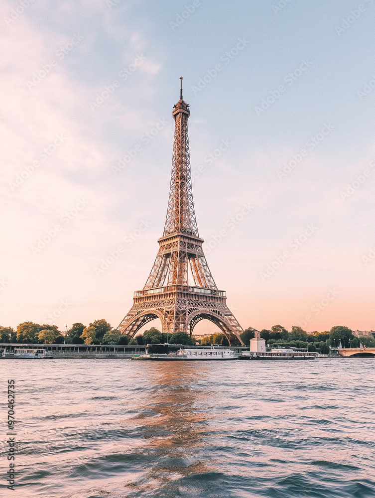 Fototapeta premium A luxurious cityscape of the Eiffel Tower at sunset, reflecting in the Seine River. A romantic and sleek destination for high-end travelers, with vibrant colors and modern elegance.