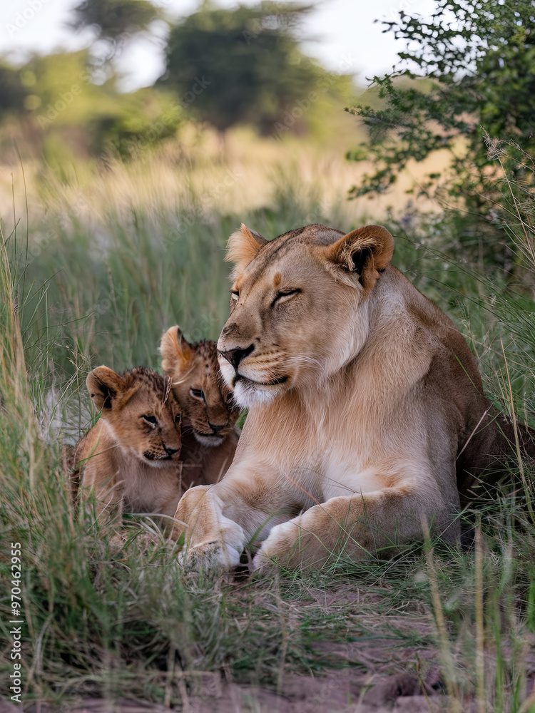 Lioness resting in the tall grass with her cubs Lioness resting in the tall grass with her cubs