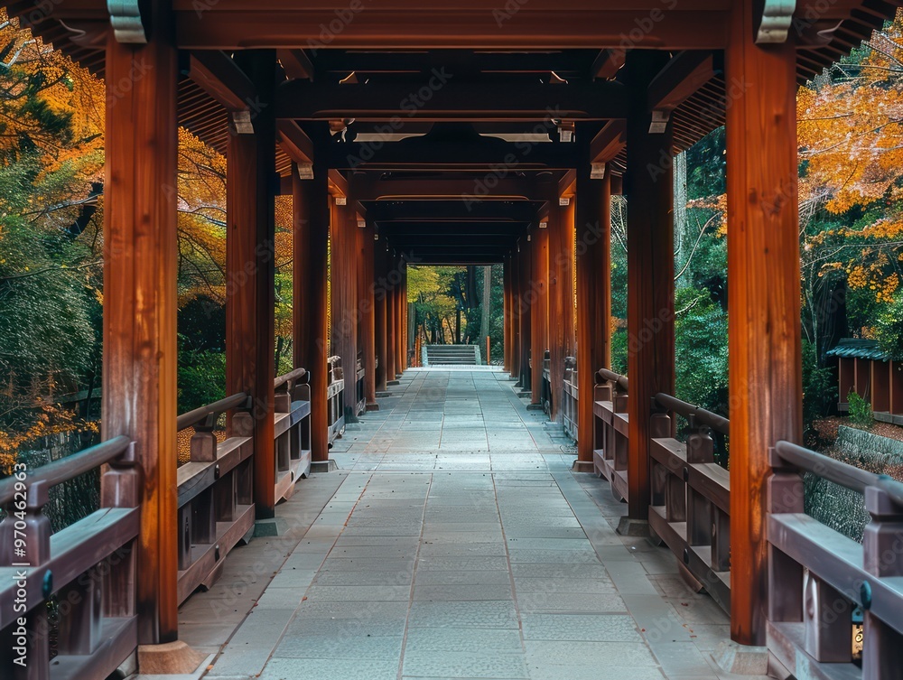 A serene wooden walkway lined with pillars, surrounded by vibrant autumn foliage, inviting exploration and tranquility. A serene wooden walkway lined with pillars, surrounded by vibrant autumn foliage, inviting exploration and tranquility.