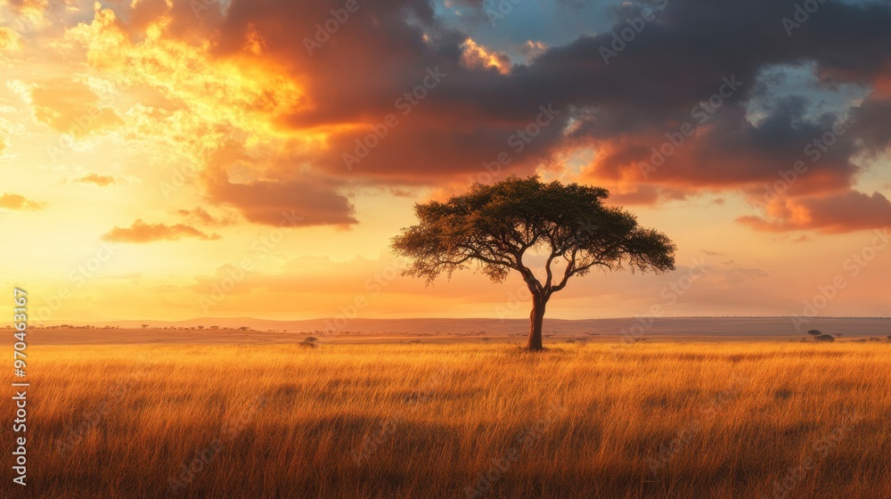 A landscape of a vast savannah with a lone acacia tree under a dramatic sunset sky, with warm orange hues. A landscape of a vast savannah with a lone acacia tree under a dramatic sunset sky, with warm orange hues.
