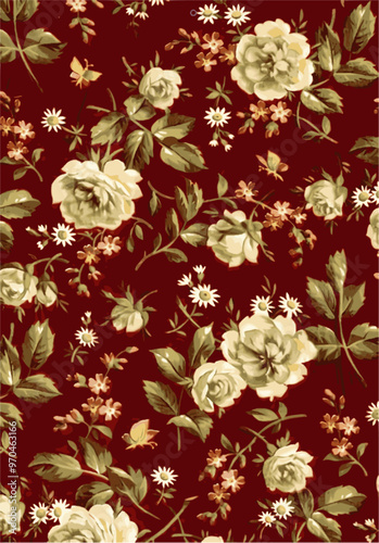 A pattern of ivory roses and white daisies on a deep maroon background, reminiscent of vintage textile designs.