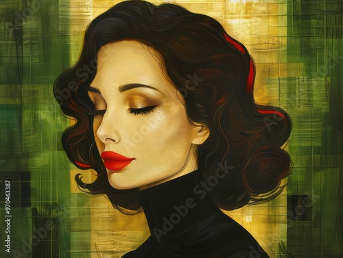 A stylized portrait of a woman with curly hair, closed eyes, and bold red lips against an abstract green background.