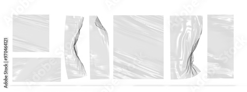 3d set of transparent plastic film with shrink effect. Overlay mockup of square and rectangle crumpled wrap. Realistic render texture of cellophane bag, clear package with wrinkle. 3D illustration