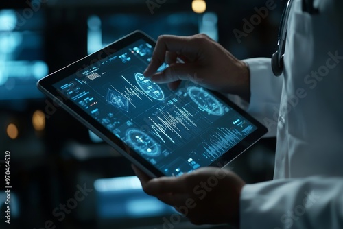 Doctor using a digital tablet with holographic display for medical data in modern hospital