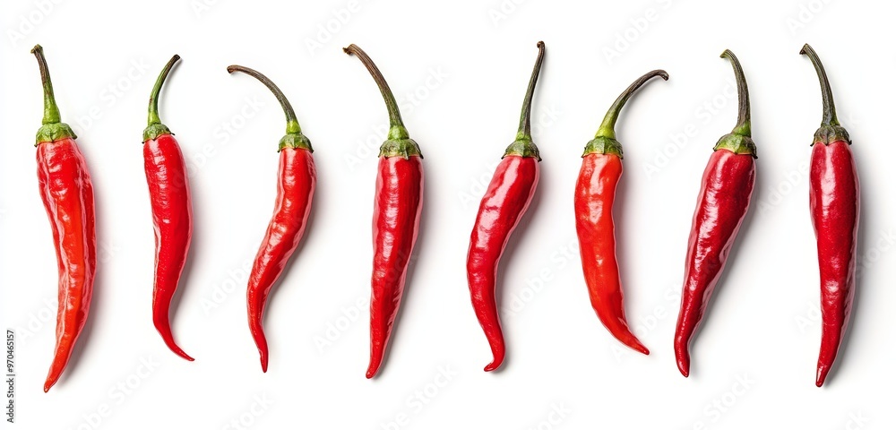 Eight red chili peppers lined up on a white background. Eight red chili peppers lined up on a white background.