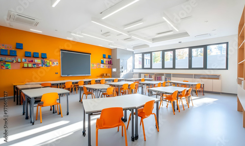 School classroom closed in blur background without young student; Blurry view of empty examination class room no kid or teacher with chairs and tables in photo