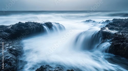 Wallpaper Mural A long exposure shot of powerful waves breaking against rocks, creating a misty effect with the motion of the water. Torontodigital.ca