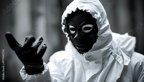 Enigmatic Silhouette in Black Mask and White Morph Suit Gestures in Monochrome High Contrast Abstract Composition photo