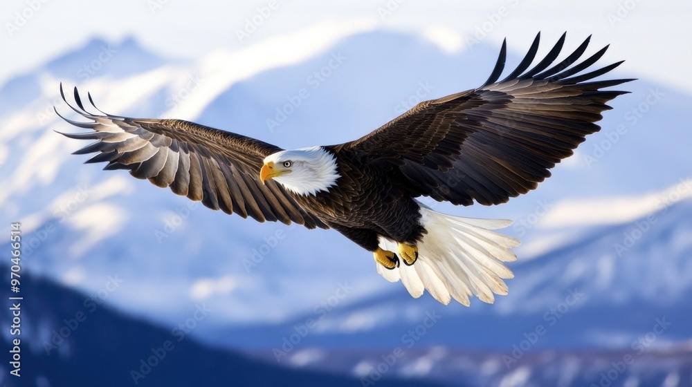 Naklejka premium A majestic bald eagle soaring in the sky, wings fully extended, with a clear blue sky in the background.