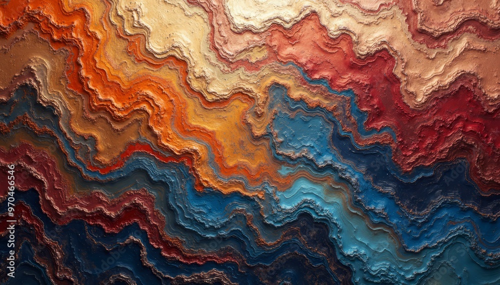 Abstract Pattern with Wavy Lines in Deep Blues, Reds, Oranges, and Yellows, Combining Topographical and Fluid Art Styles Abstract Pattern with Wavy Lines in Deep Blues, Reds, Oranges, and Yellows, Combining Topographical and Fluid Art Styles
