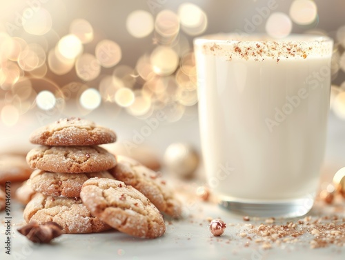 Delicious cookies stacked beside a glass of milk, perfect for a cozy snack and ideal for holiday-themed photography.