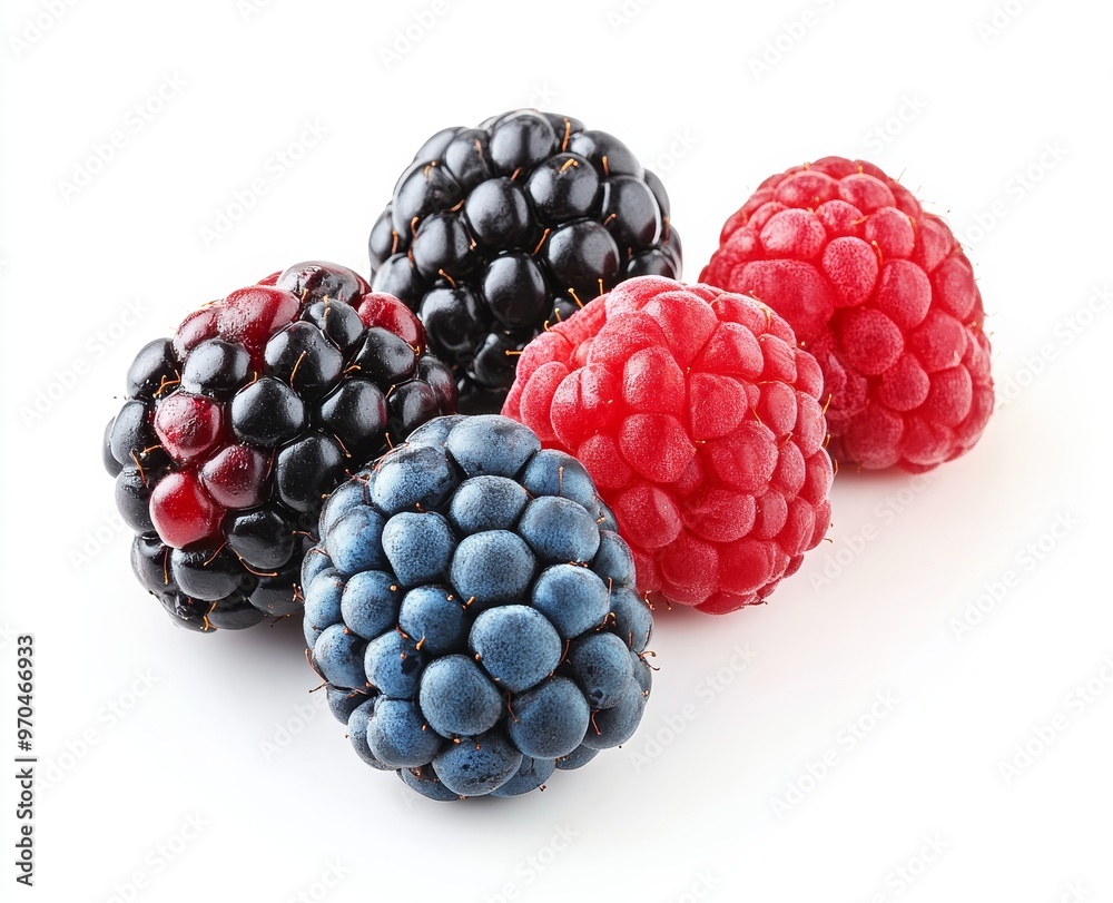 Closeup of four fresh berries, blackberries and raspberries, isolated on white. Closeup of four fresh berries, blackberries and raspberries, isolated on white.