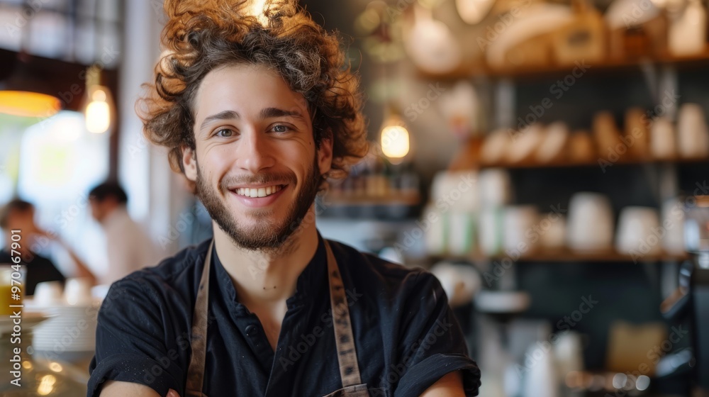 Fototapeta premium Portrait of a young happy guy - barista in a cafe