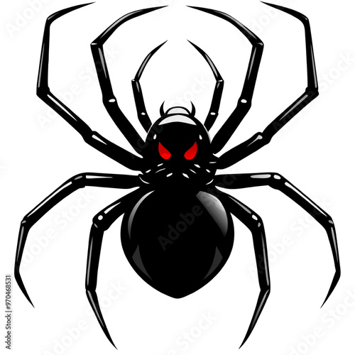 Black Widow Spider with Glowing Red Eyes: A menacing black widow spider with glowing red eyes, its eight legs spread wide in a threatening pose. This illustration captures the essence of this dangerou