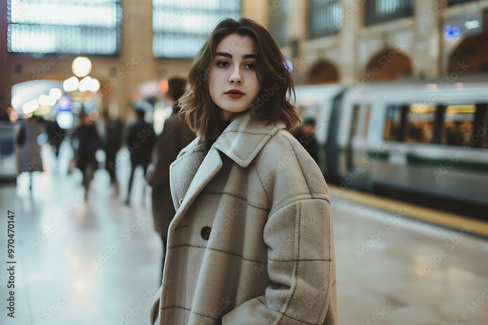 Fototapeta premium Chic woman in a stylish coat, standing in a bustling train station, portrait shot