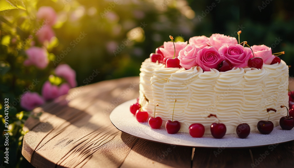 A delicious, elegantly decorated vanilla layer cake topped with cream swirls, pink roses